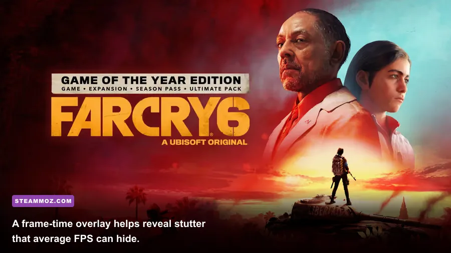 Far Cry 6 PC performance benchmark with FPS and hardware monitoring overlay