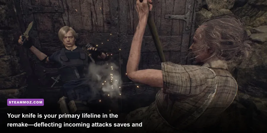 Leon Kennedy performing a perfect knife parry against a Ganado swinging a rusty woodcutter axe