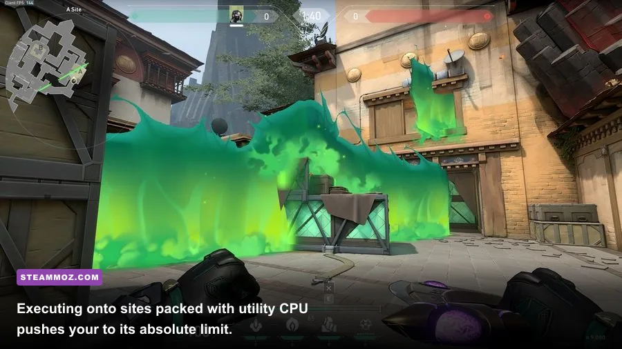 Valorant site execute featuring intense ability utility and smoke effects