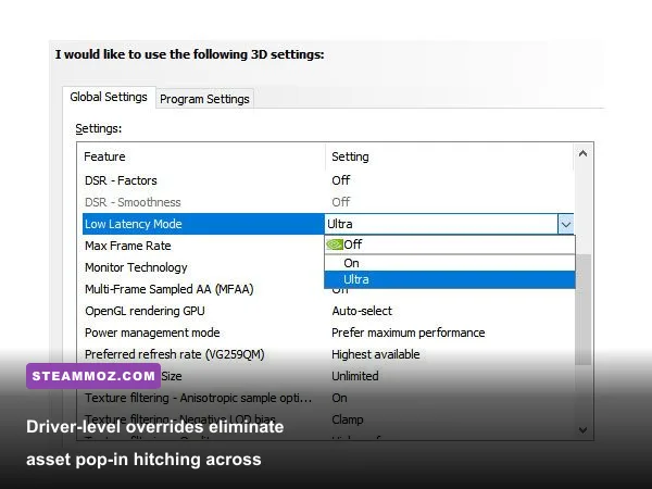 NVIDIA Control Panel managing low latency mode and shader cache size settings