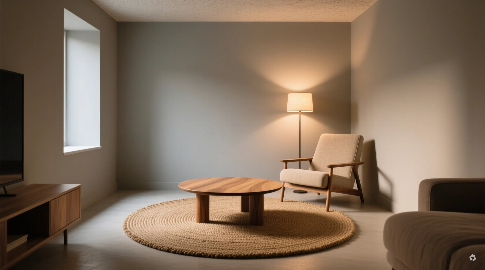 round area rug styled in a small living room corner reading nook