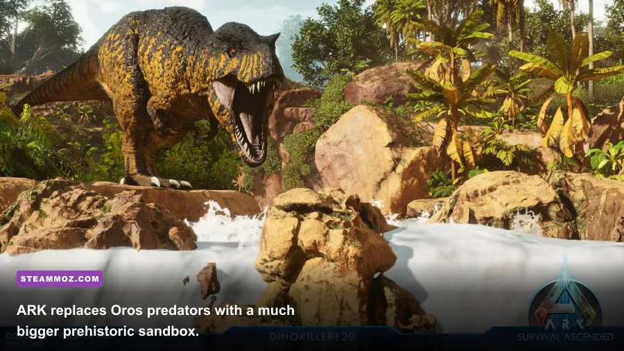 A survivor and tamed dinosaur near a jungle base in ARK Survival Ascended