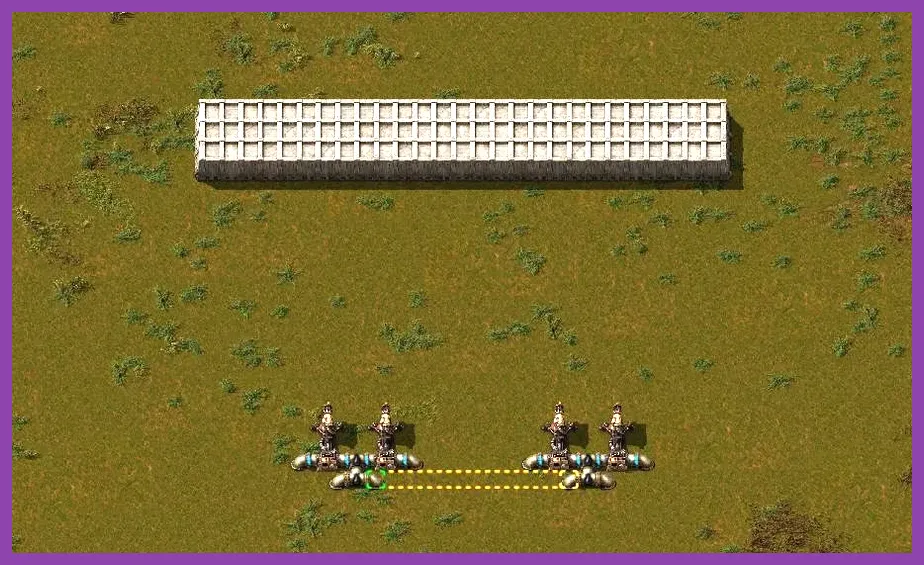 Factorio flamethrower turret burning a biter attack outside factory walls