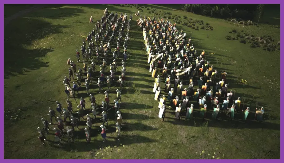 Fully armored retinues and spearmen militia ready for battle in Manor Lords