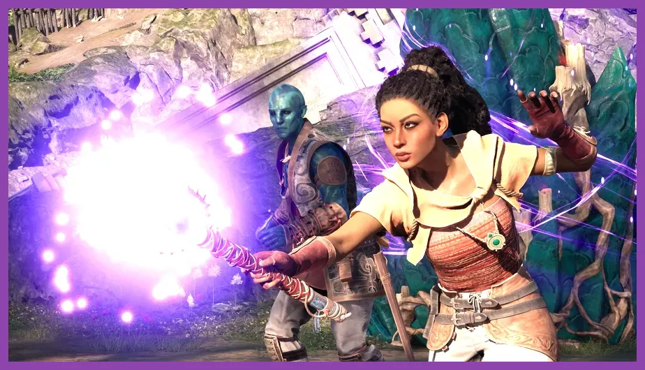 Avowed party fighting enemies with complementary armor builds