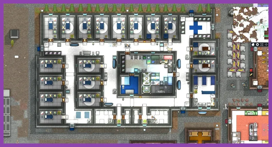 RimWorld endgame base layout showing freezer hospital workshop and bedrooms
