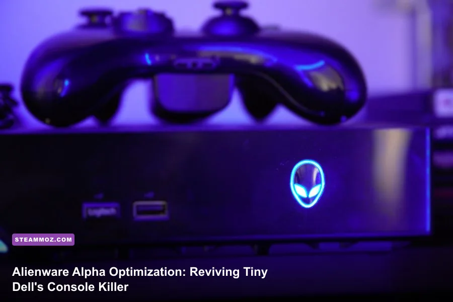 Alienware Alpha compact gaming PC connected to a living room TV with custom RGB lighting