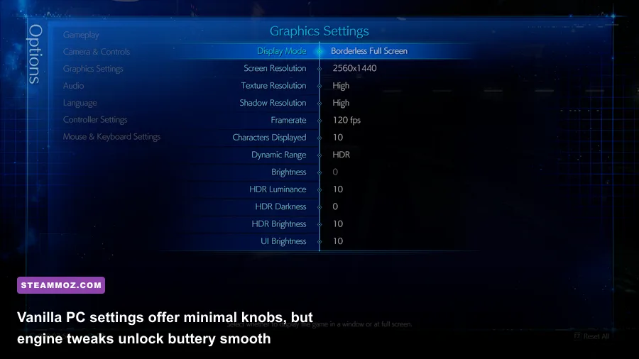 In-game graphics options and modded settings for Final Fantasy 7 Remake on PC