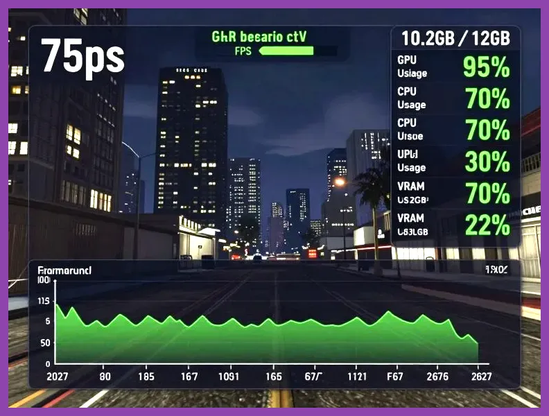 PC performance overlay monitoring GPU CPU VRAM and frame rate during GTA 6 gameplay