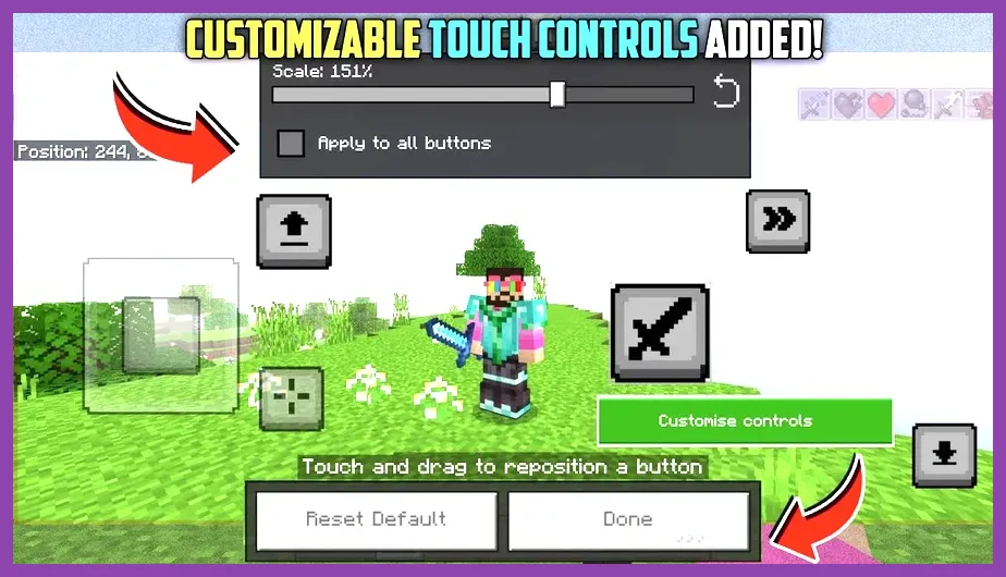 Minecraft Pocket Edition touch control settings interface showing customizable HUD