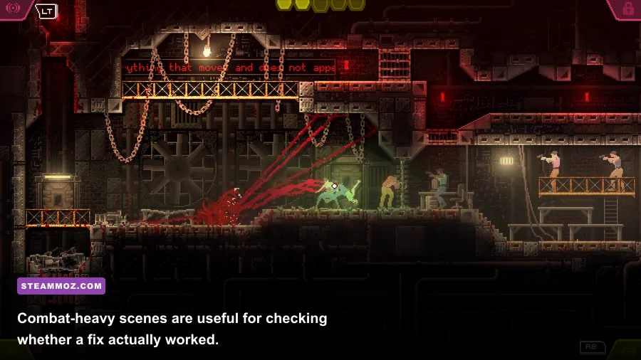 CARRION boss encounter with the creature attacking armed soldiers