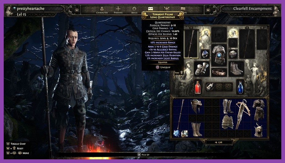 Path of Exile 2 gear inventory screen displaying weapon stats and socketed gems