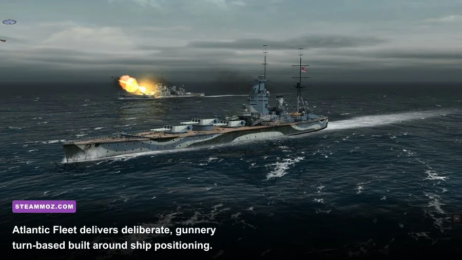 Atlantic Fleet battleship firing a broadside during tactical naval combat