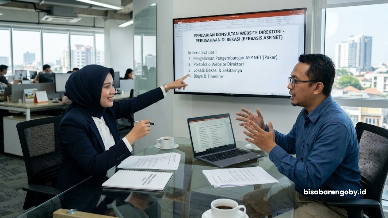 Manajer pengadaan berdiskusi dengan pakar TI saat mencari konsultan website direktori untuk perusahaan di Bekasi berbasis ASP.NET