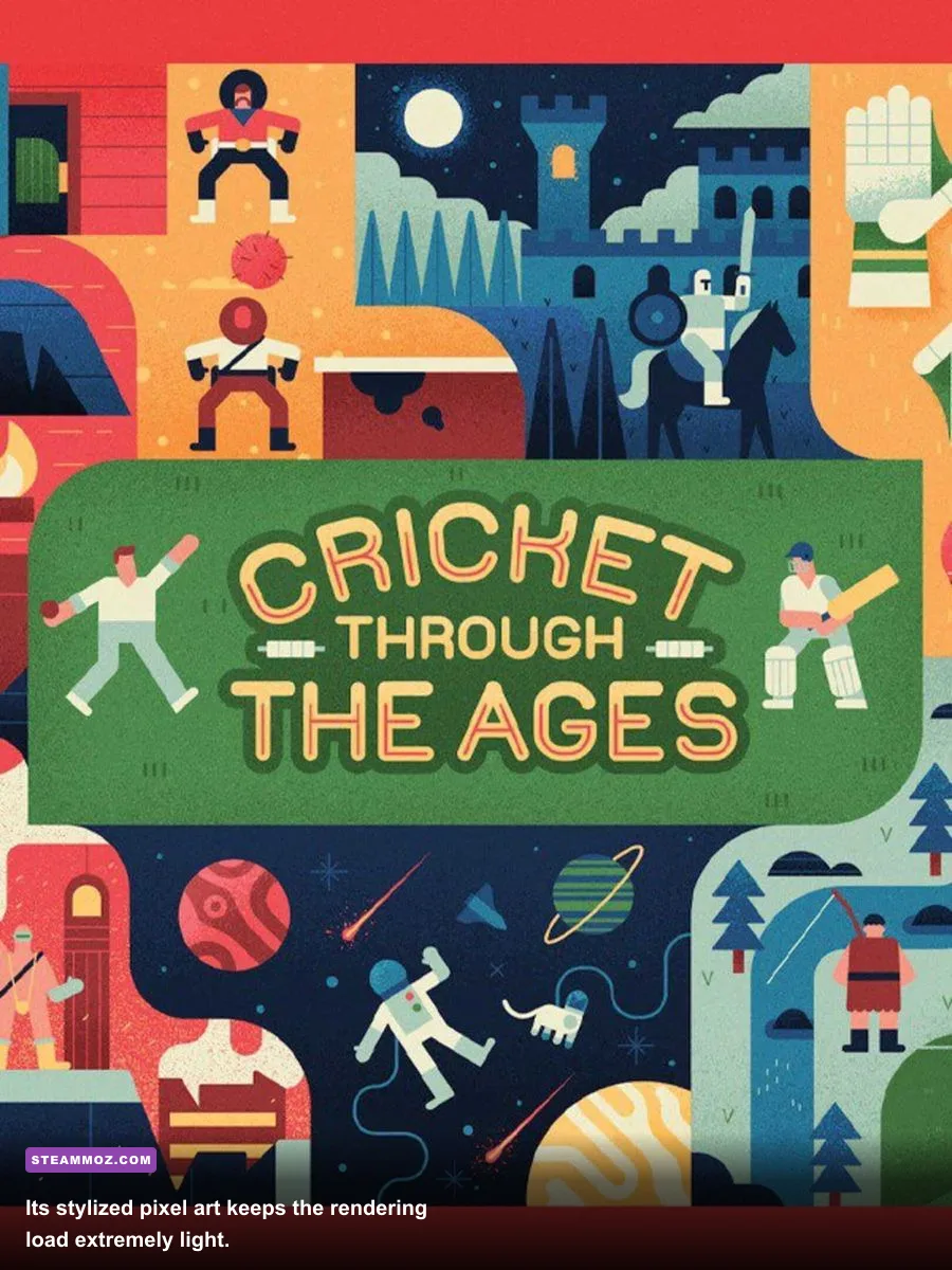 Pixel-art stadium and players in a Cricket Through the Ages match