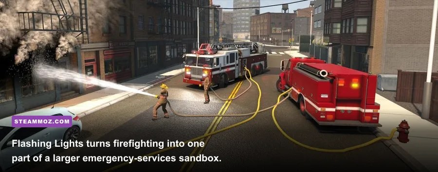 Flashing Lights firefighter responding to a burning building
