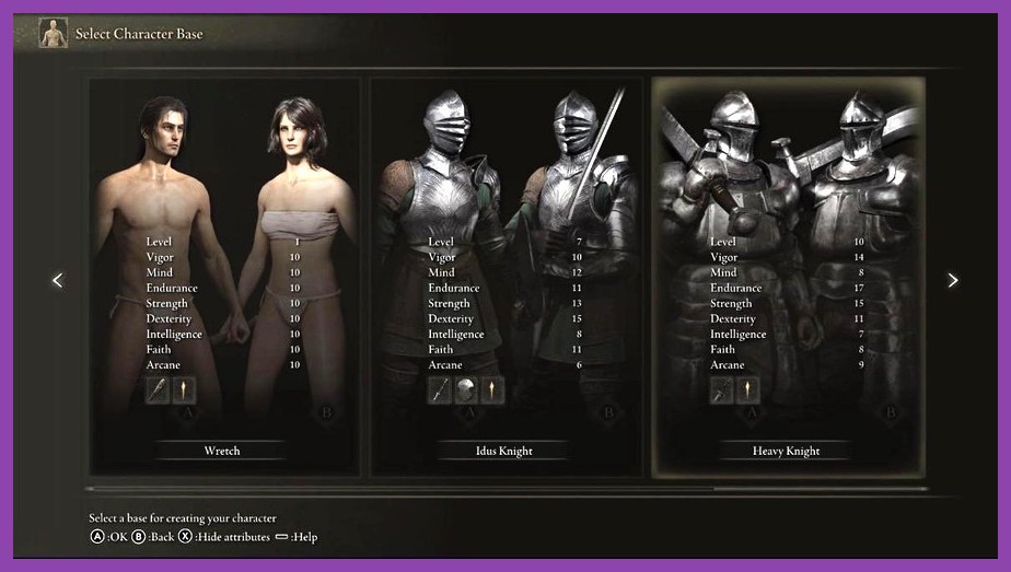 The Wretch class selection screen in Elden Ring showing the bare character