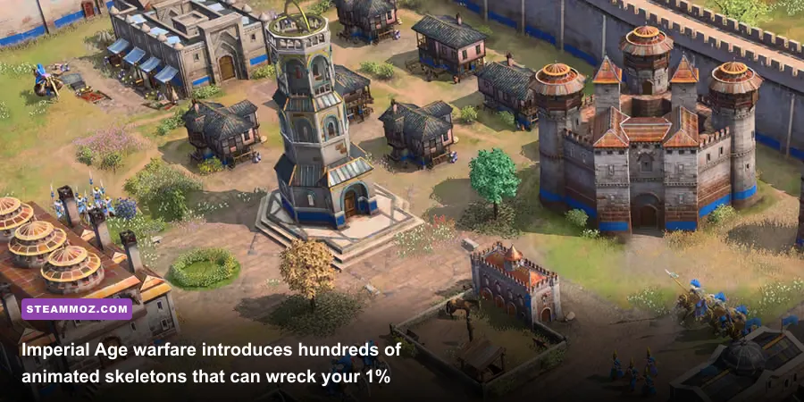 Two imperial armies clashing near a fortified stone wall in Age of Empires