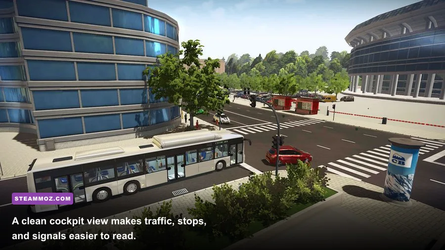 Bus Simulator 16 first-person bus cockpit and dashboard view