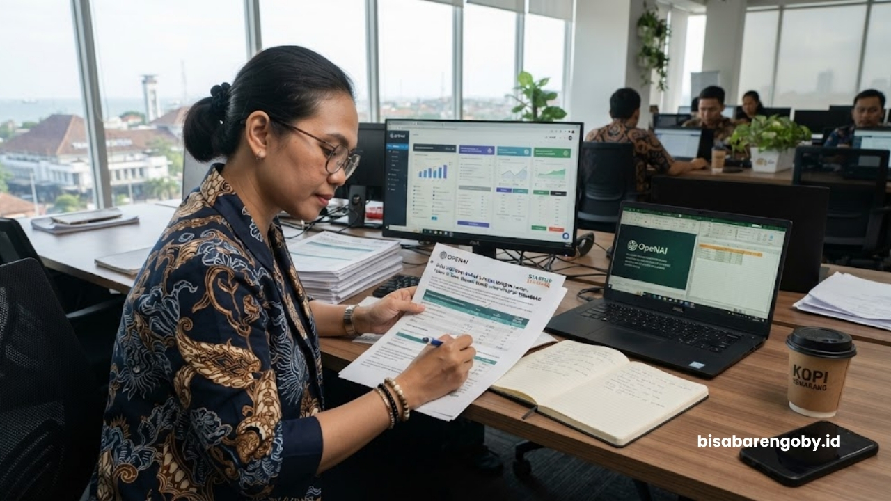 Manajer penjualan mengevaluasi dokumen penawaran saat mencari harga AI Sales untuk startup di Semarang berbasis OpenAI