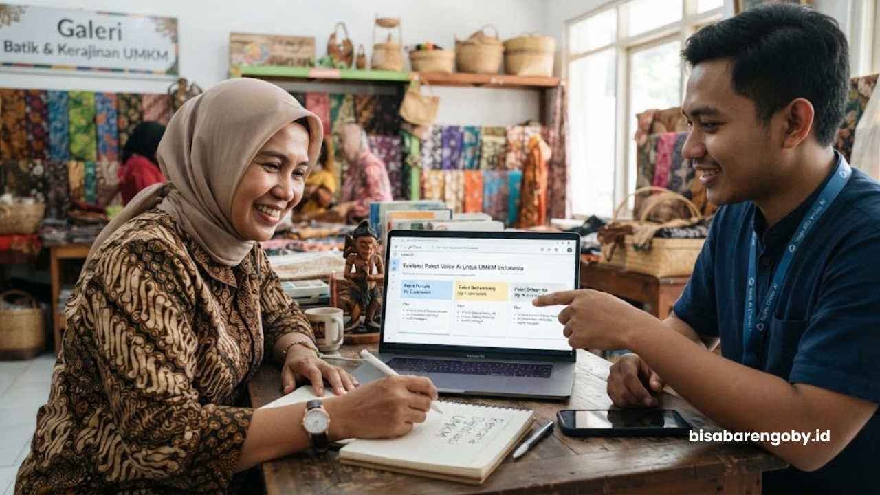 Pemilik bisnis mengevaluasi pilihan paket Voice AI untuk UMKM di Indonesia berbasis Vertex AI