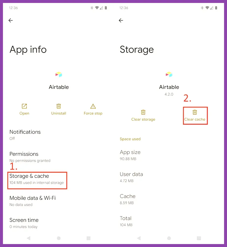 Android phone settings showing app storage and clear cache options