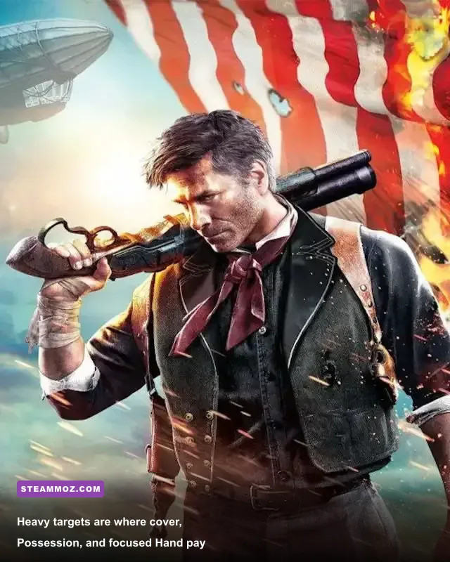 Booker fighting a Motorized Patriot in Finkton in BioShock Infinite