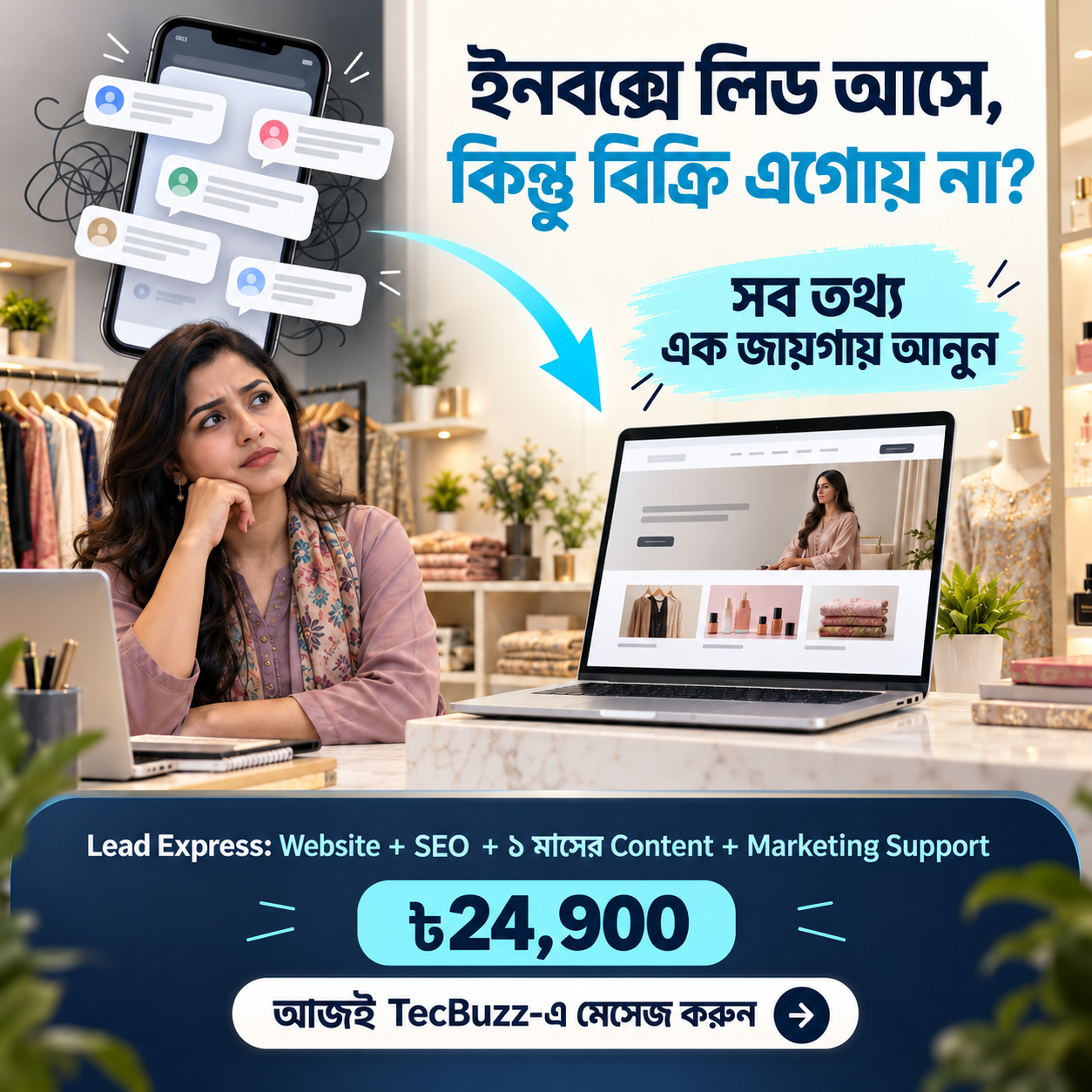 ফ্যাশন ও অনলাইন শপ — ইনবক্সের তথ্য এক জায়গায়; All Device layout-এর TecBuzz অ্যাডের উদাহরণ