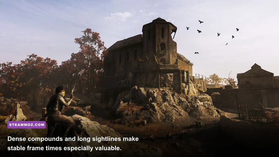 Hunt Showdown 1896 hunter approaching a compound on the Dawn map